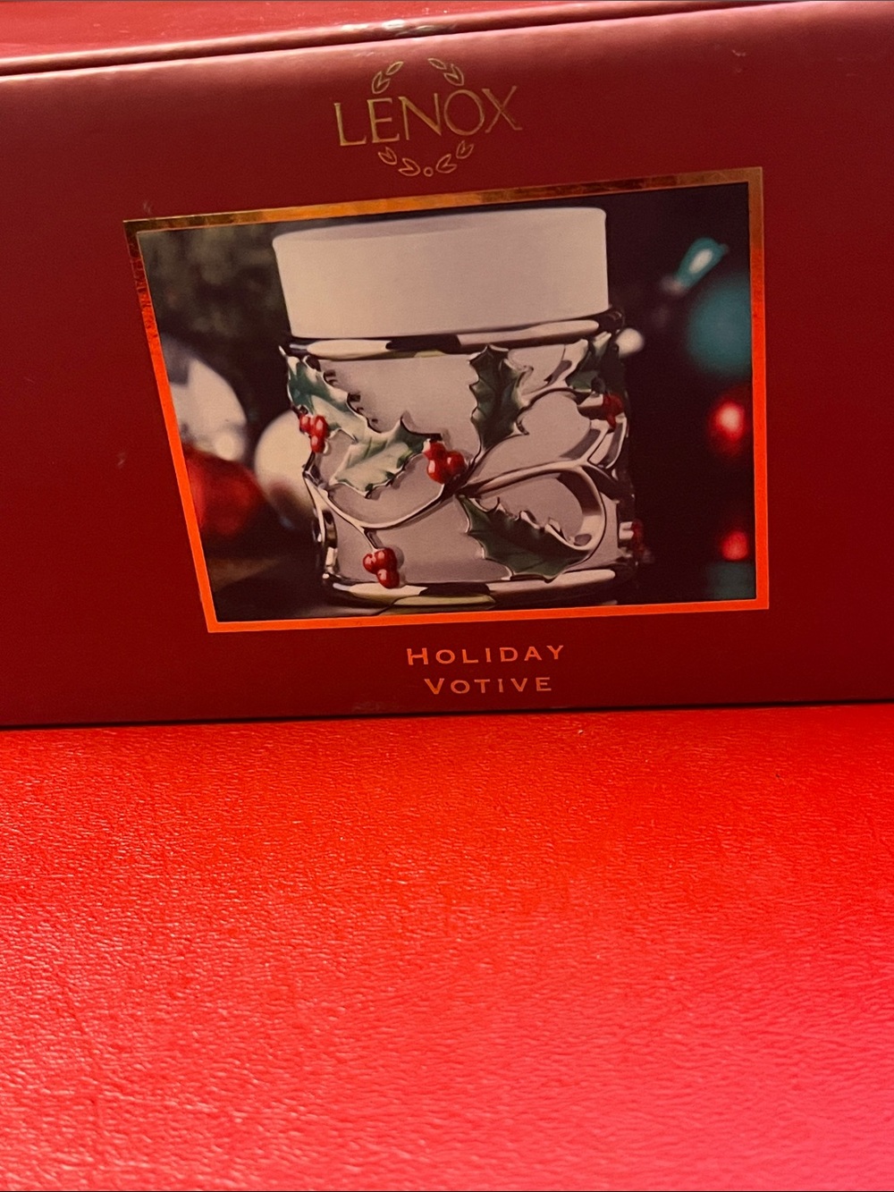Lenox Christmas holly holiday gold votive in box, metal candle holder w/ glass